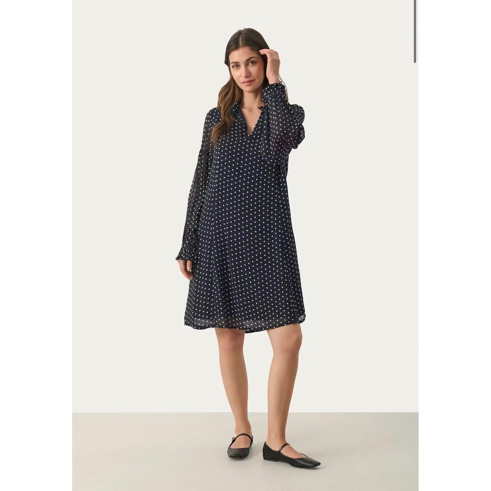 Part‎ Two Copenhagen BotellaPW DR Polka Dot Midi Dress Navy Blue Ruffle V-Neck